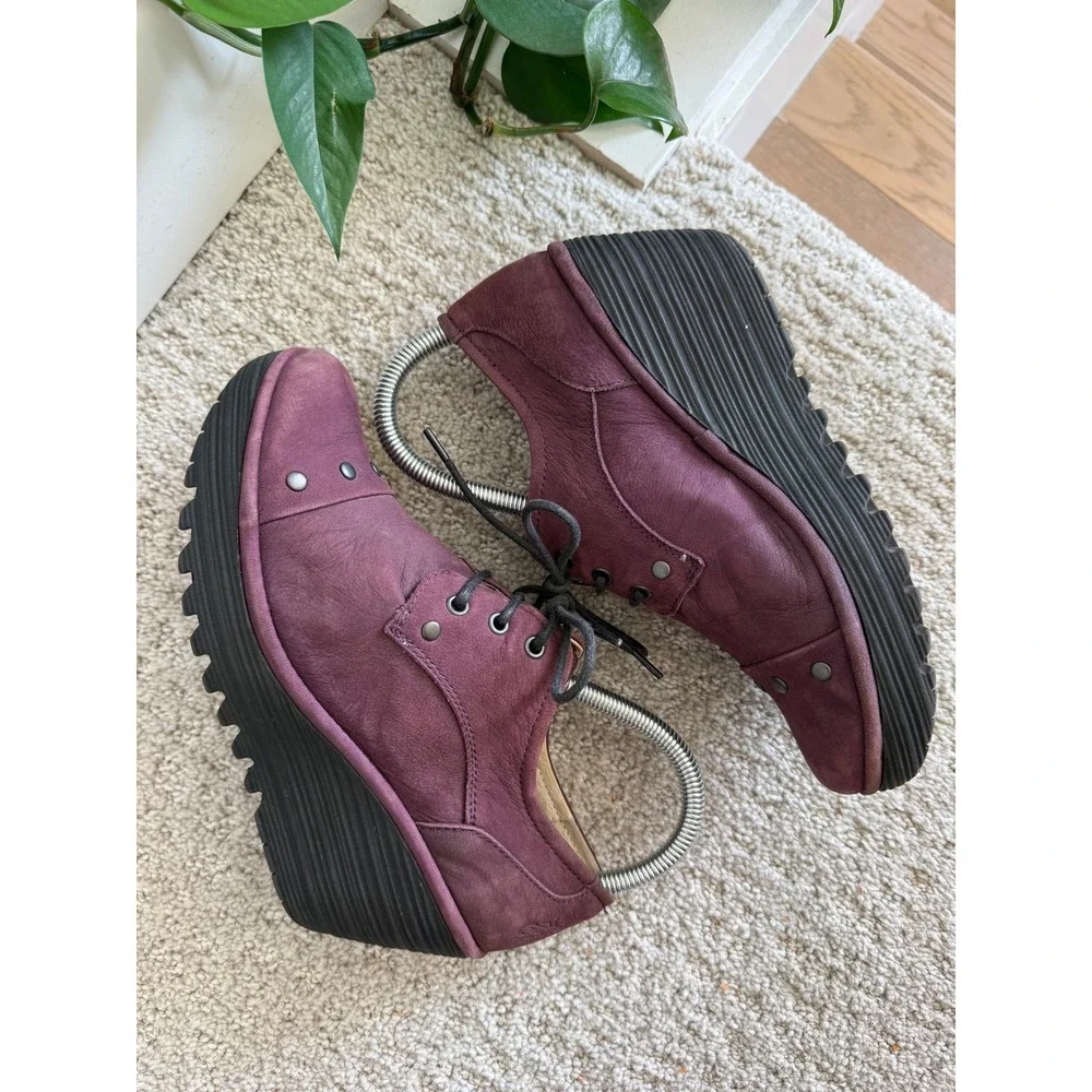 Fly London Yoti Plum Nubuck Studded Wedge Oxfords 38 US 7.5-8 Artisan
